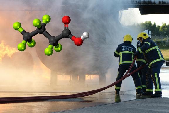 Short-chain PFAS, such as perfluorobutanoic acid, enter the environment through firefighting foams. Short-chain PFAS, such as perfluorobutanoic acid, enter the environment through firefighting foams, for example, and degrade only very slowly if at all. Photo: burnstuff2003_AdobeStock